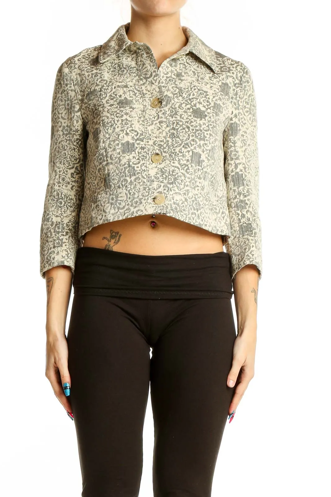 Beige Floral Cropped Button-Up Jacket