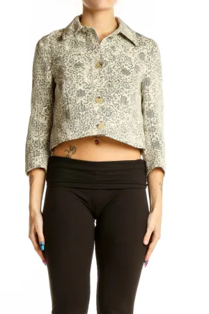 Beige Floral Cropped Button-Up Jacket