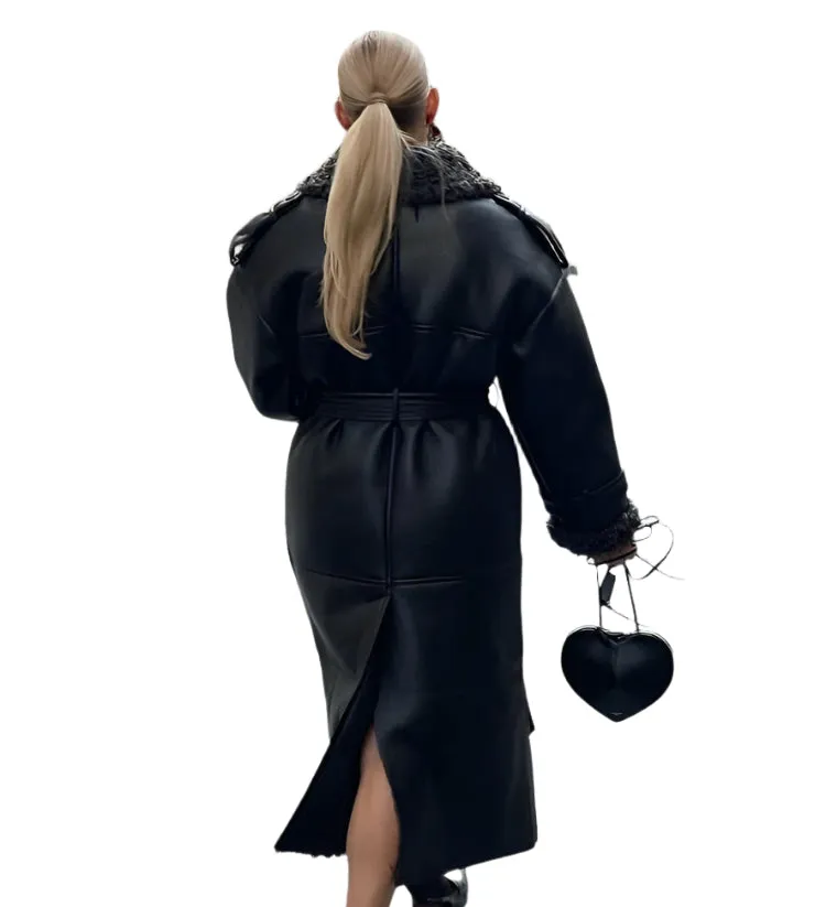 Belted Teddy Fur Leather Coat