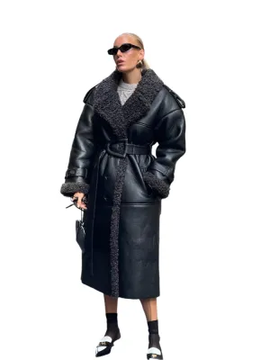 Belted Teddy Fur Leather Coat