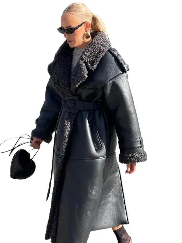 Belted Teddy Fur Leather Coat