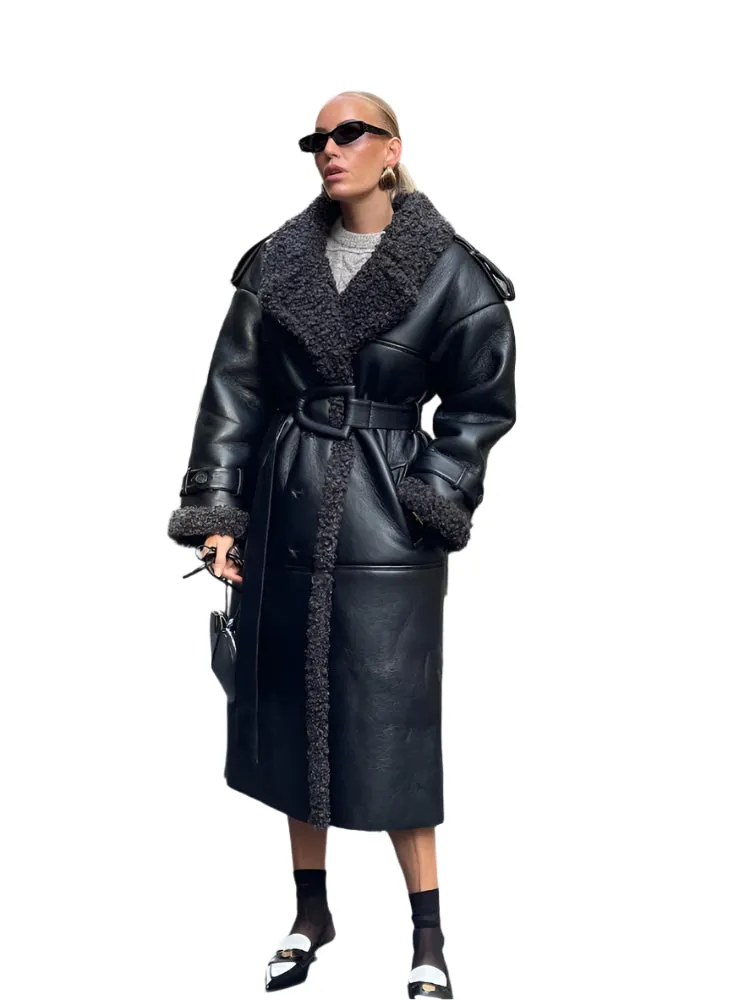 Belted Teddy Fur Leather Coat