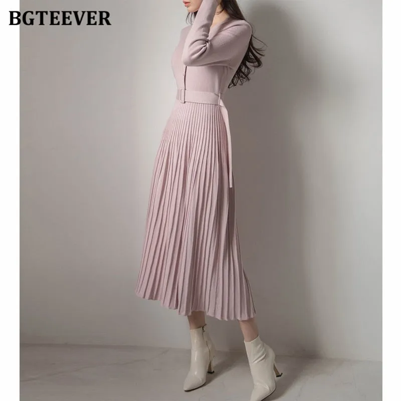 BGTEEVER Elegant V-neck Single-breasted Women Thicken Sweater Dress 2021 Autumn Winter Knitted Belted Female A-line soft dresses