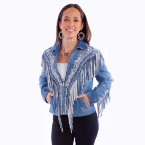 Blue Embroidered Fringe Leather Jacket by Scully at Bourbon Cowgirl