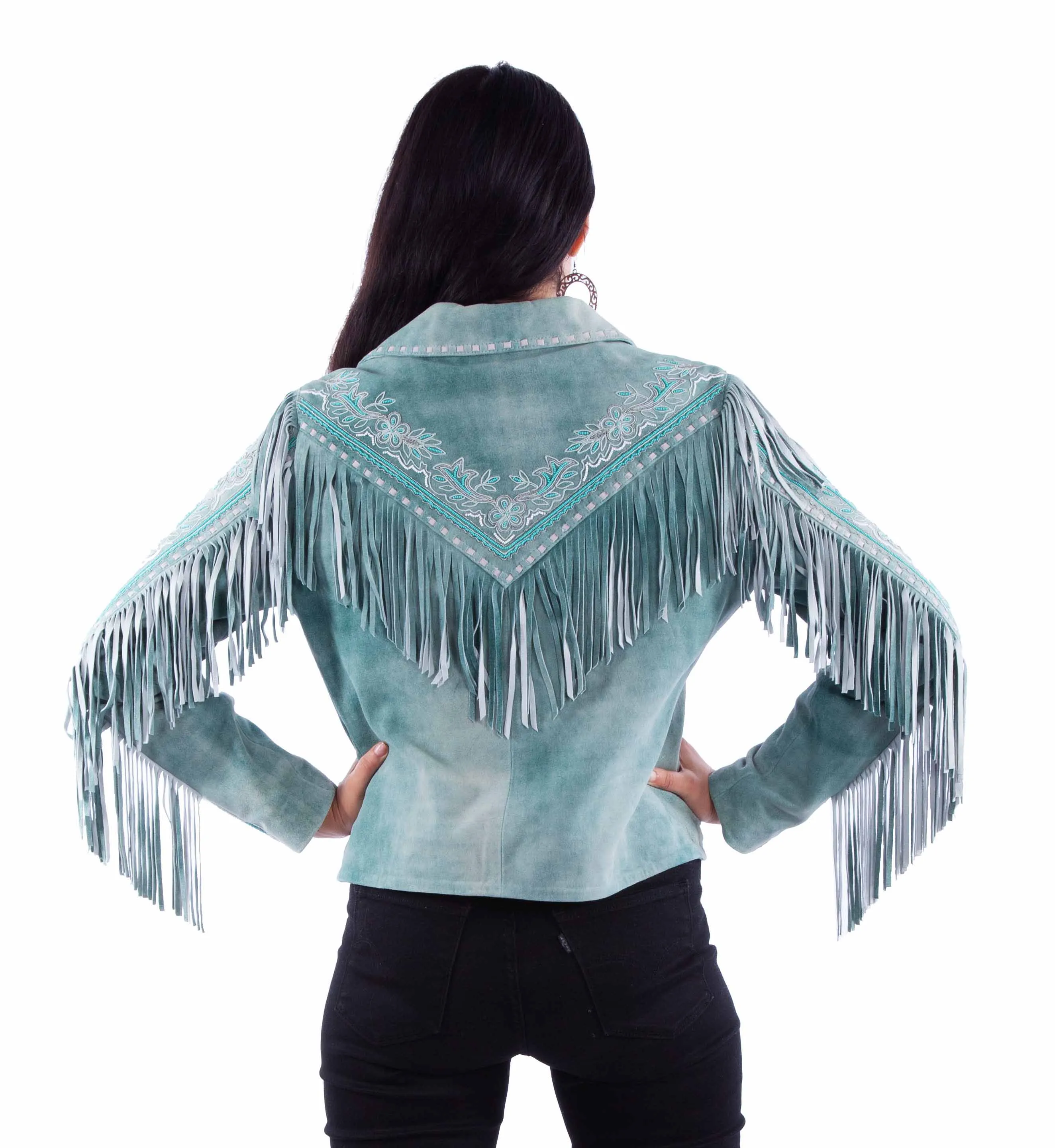 Blue Embroidered Fringe Leather Jacket by Scully at Bourbon Cowgirl