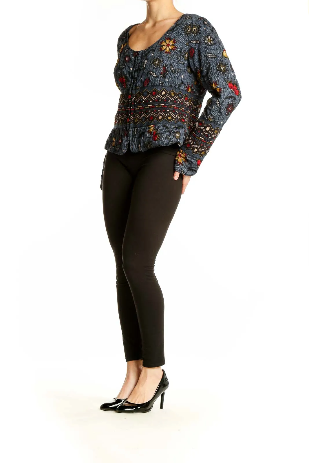 Blue Floral Embroidered Cotton Jacket