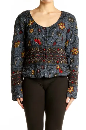 Blue Floral Embroidered Cotton Jacket