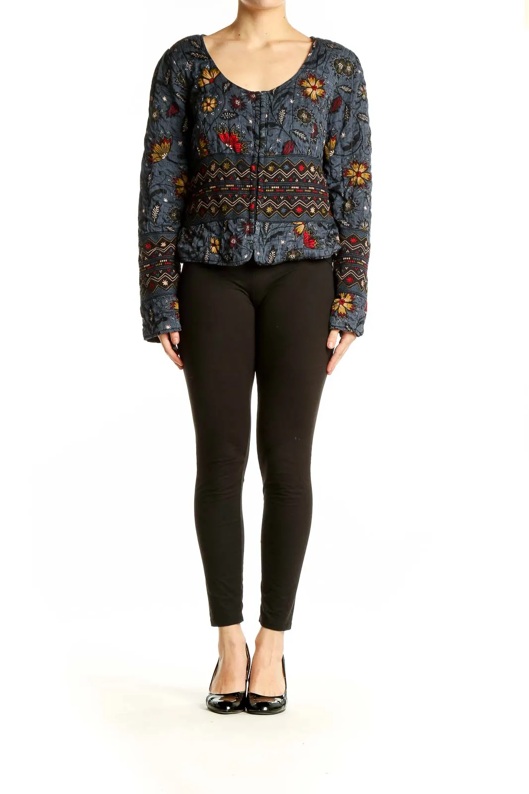 Blue Floral Embroidered Cotton Jacket