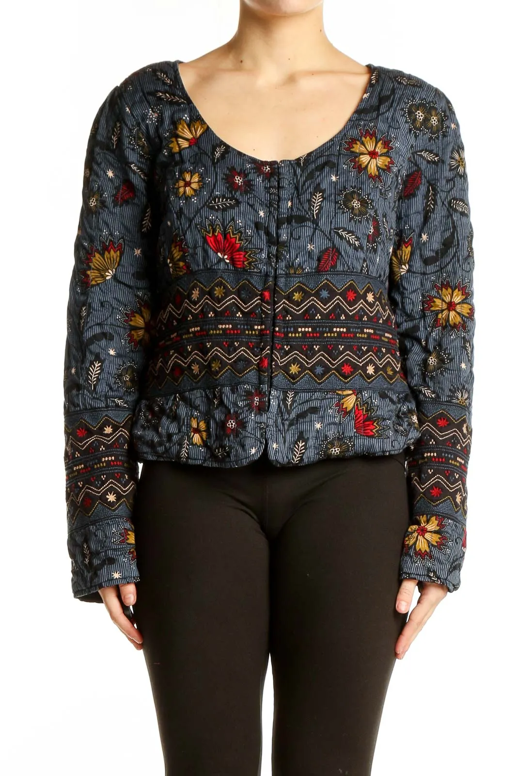 Blue Floral Embroidered Cotton Jacket