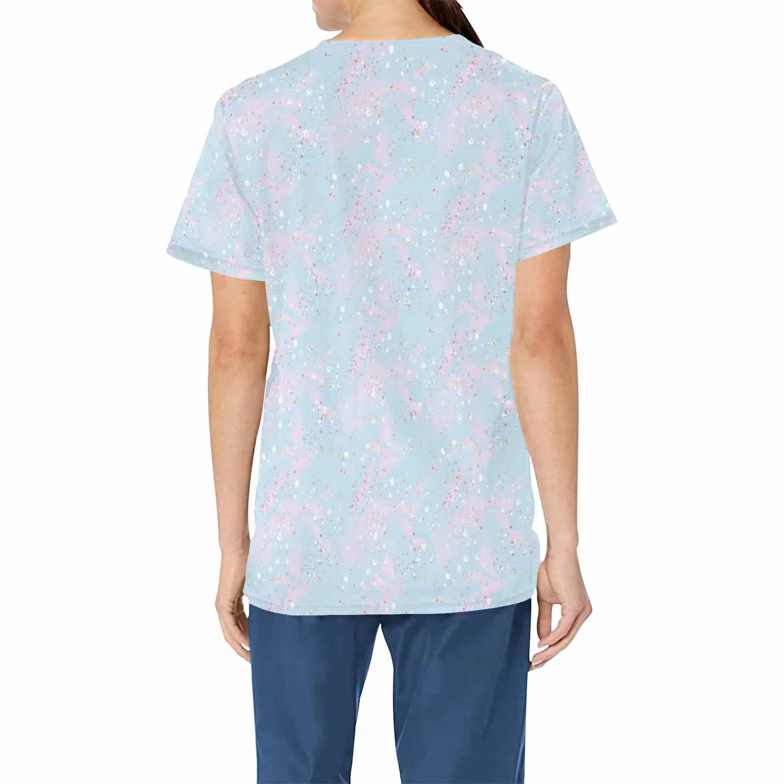 Blue Splashes  Women's V Neck Scrub Top Nurse Uniform with Deep Front Pockets
