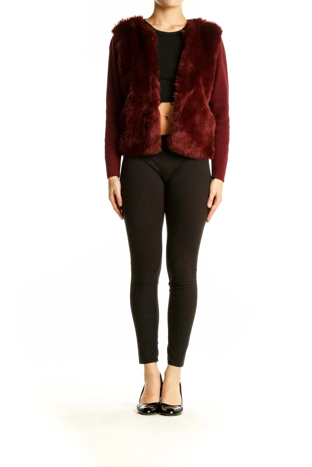 Burgundy Faux Fur Knit Sleeve Jacket