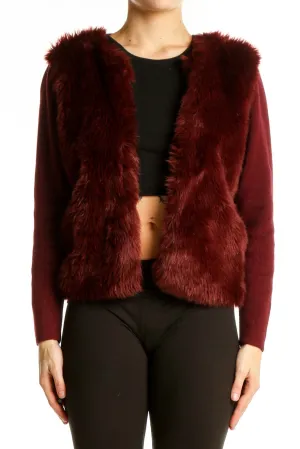 Burgundy Faux Fur Knit Sleeve Jacket