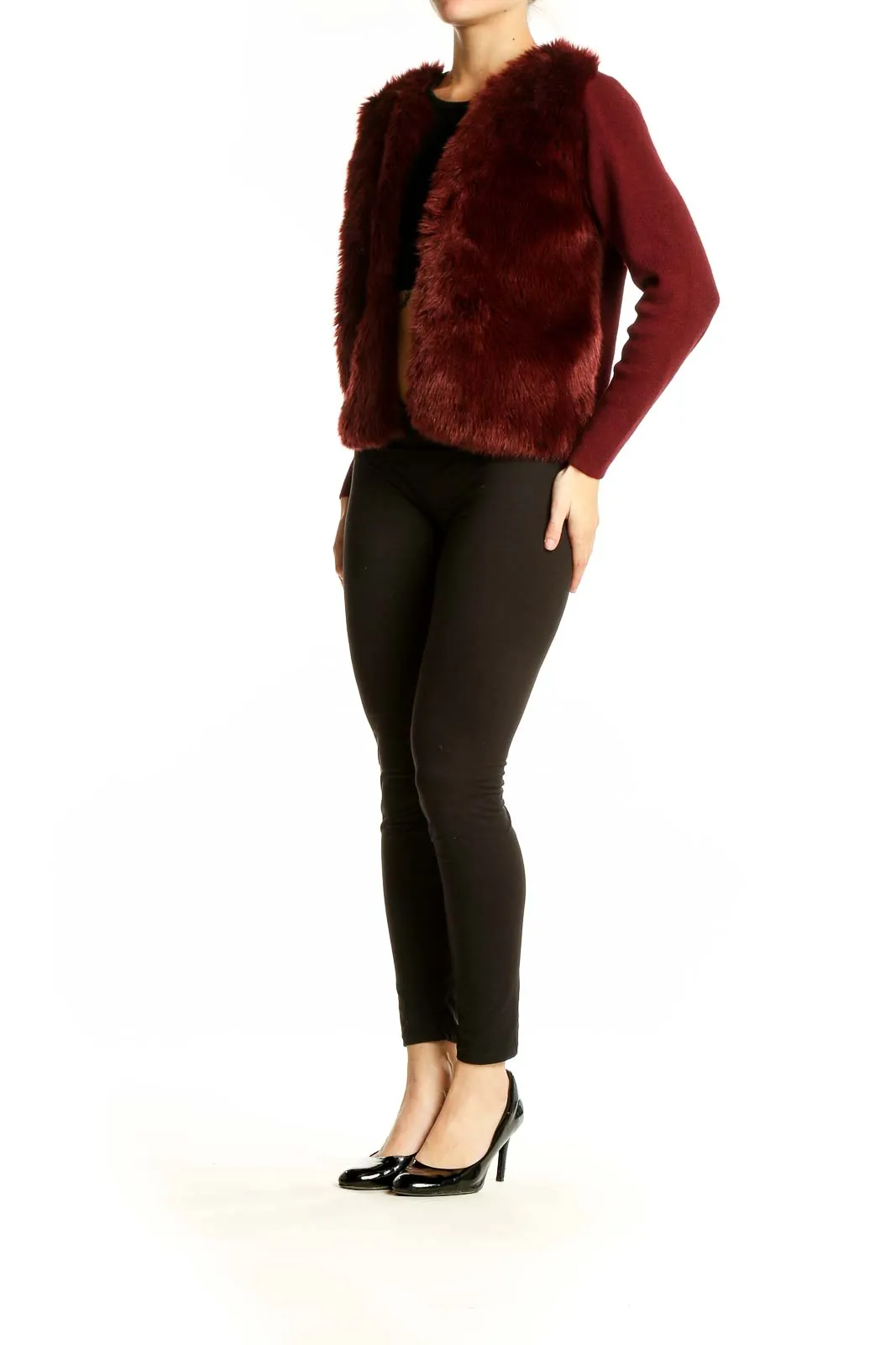 Burgundy Faux Fur Knit Sleeve Jacket