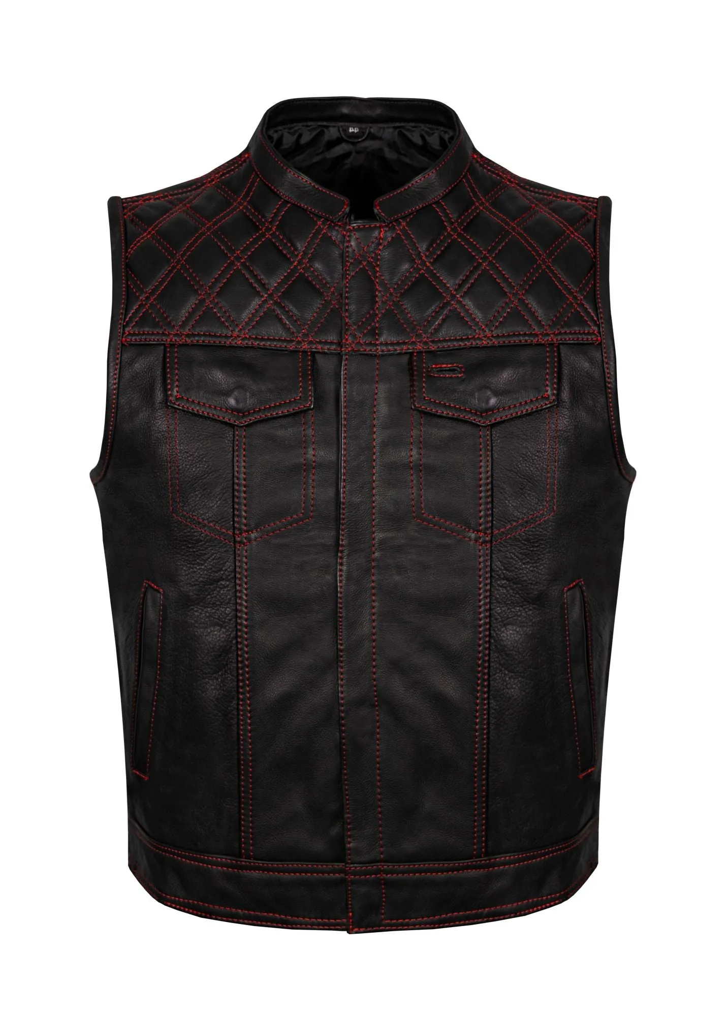 Dream Apparel Mens Naked Leather Motorcycle Club Vest Red Thread Zipper Front, Diamond Padding