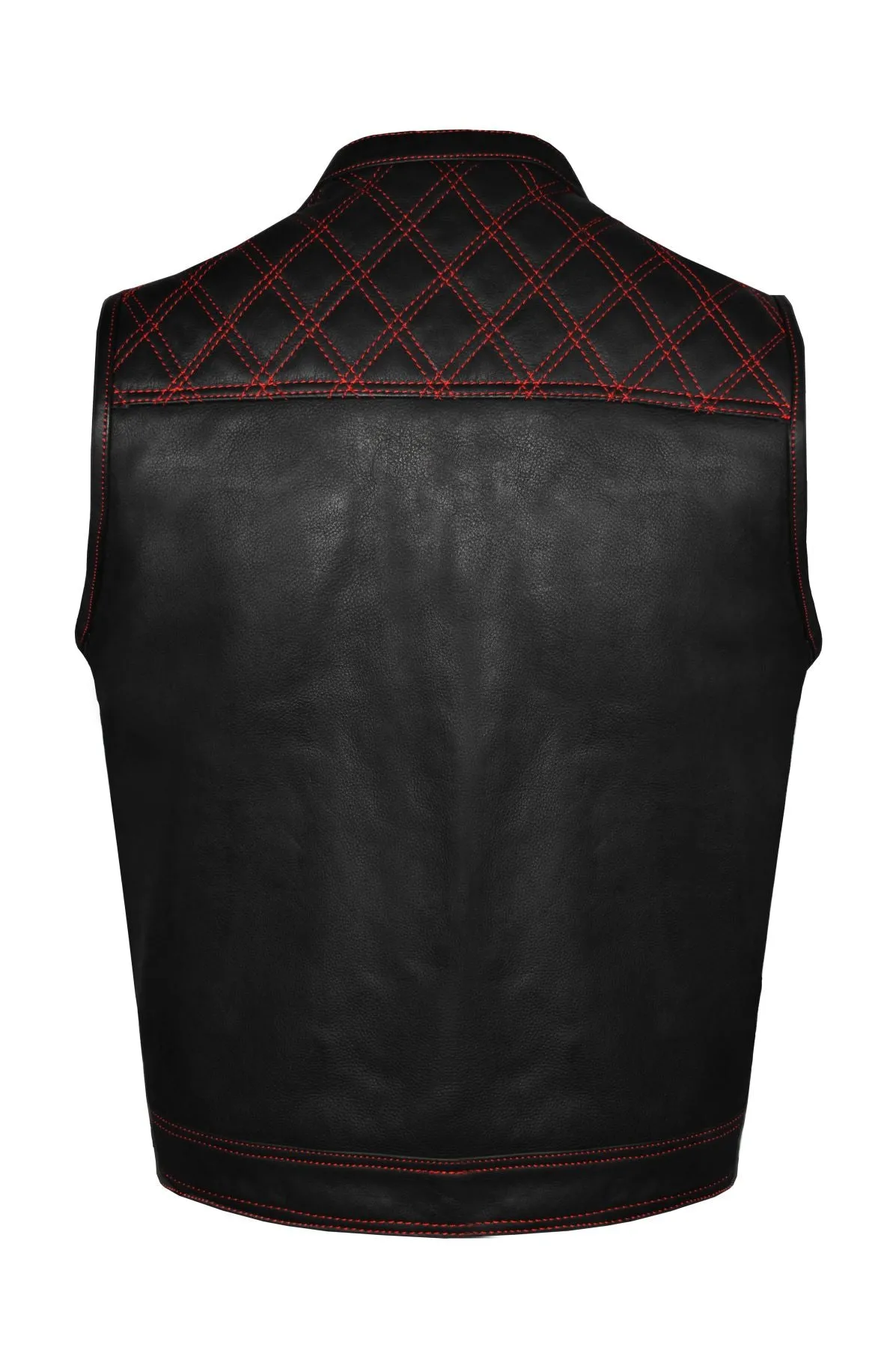 Dream Apparel Mens Naked Leather Motorcycle Club Vest Red Thread Zipper Front, Diamond Padding