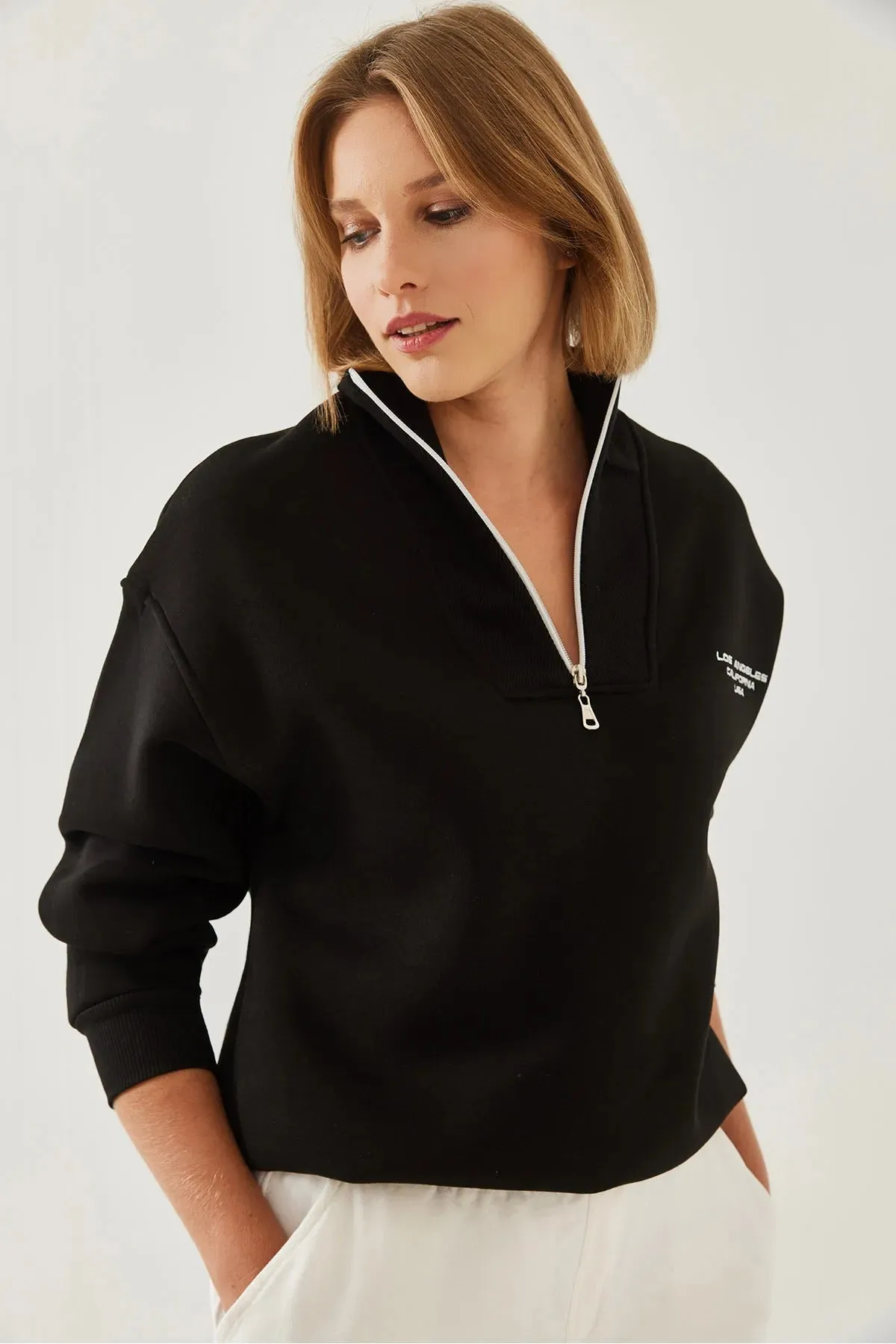 High-Neck Zip-Up Fleece-Lined Oversized Sweatshirt