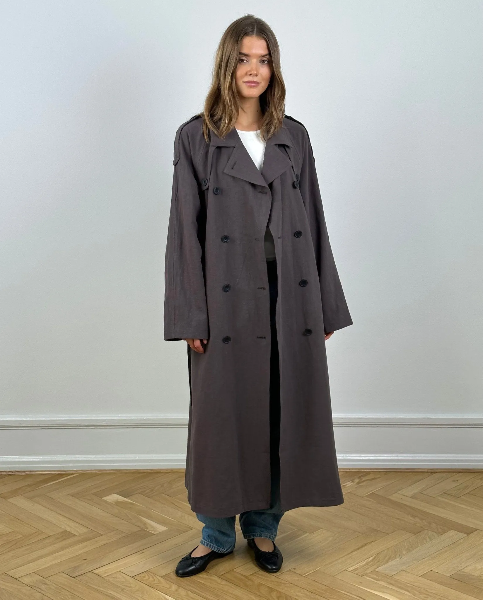 KIRA LINEN COAT - GREY/BROWN