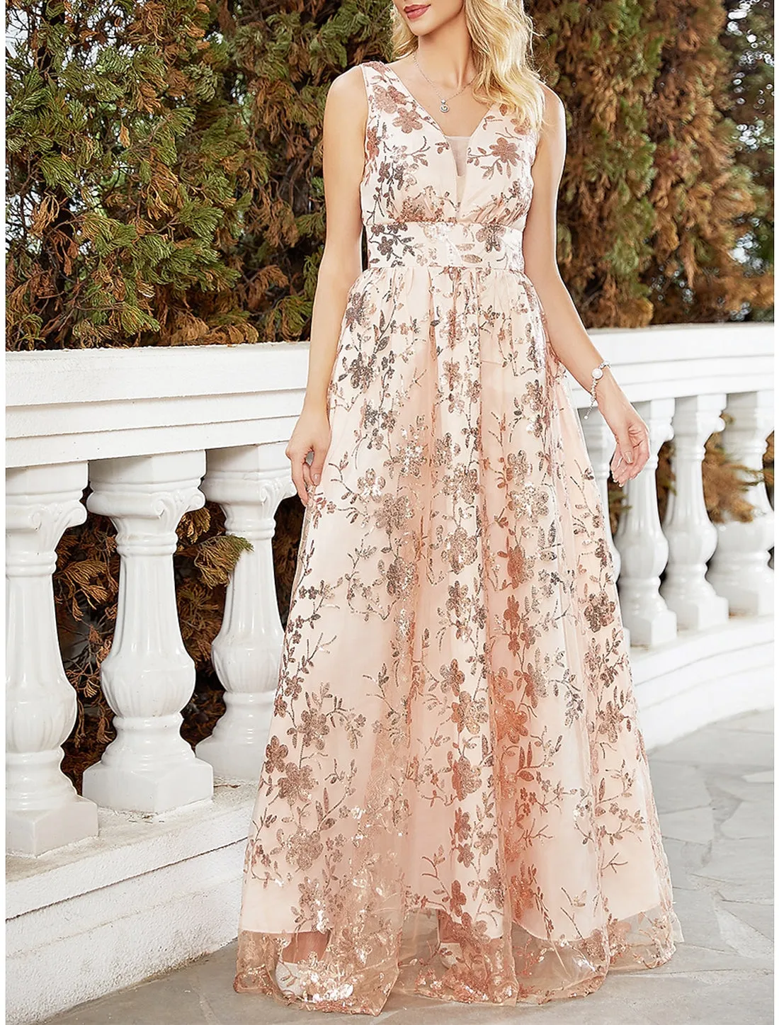 Luolandi Party Dress Sequin Dress Wedding Guest Dress Long Dress Maxi Dress Light Yellow Sleeveless Floral Sequins Spring Fall Winter V Neck Fashion Winter Dress