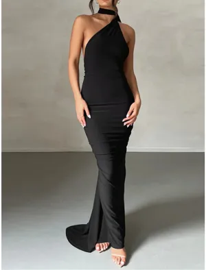 Luolandi Women's Little Black Dress Prom Dress Party Dress Long Dress Maxi Dress White Fuchsia Sleeveless Ruched Spring Fall Winter One Shoulder Fashion Evening