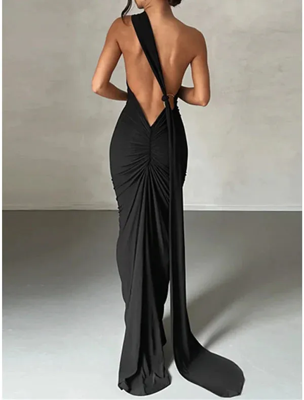 Luolandi Women's Little Black Dress Prom Dress Party Dress Long Dress Maxi Dress White Fuchsia Sleeveless Ruched Spring Fall Winter One Shoulder Fashion Evening