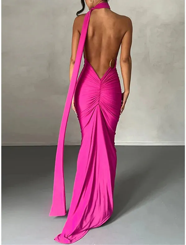 Luolandi Women's Little Black Dress Prom Dress Party Dress Long Dress Maxi Dress White Fuchsia Sleeveless Ruched Spring Fall Winter One Shoulder Fashion Evening