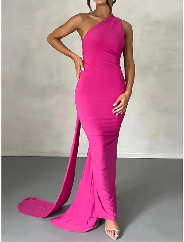 Luolandi Women's Little Black Dress Prom Dress Party Dress Long Dress Maxi Dress White Fuchsia Sleeveless Ruched Spring Fall Winter One Shoulder Fashion Evening