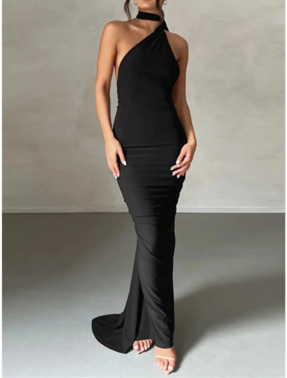 Luolandi Women's Little Black Dress Prom Dress Party Dress Long Dress Maxi Dress White Fuchsia Sleeveless Ruched Spring Fall Winter One Shoulder Fashion Evening
