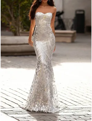 Luolandi Women's Party Dress Sequin Dress Wedding Guest Dress Long Dress Maxi Dress Silver Sleeveless Sequins Sparkly Evening Dress