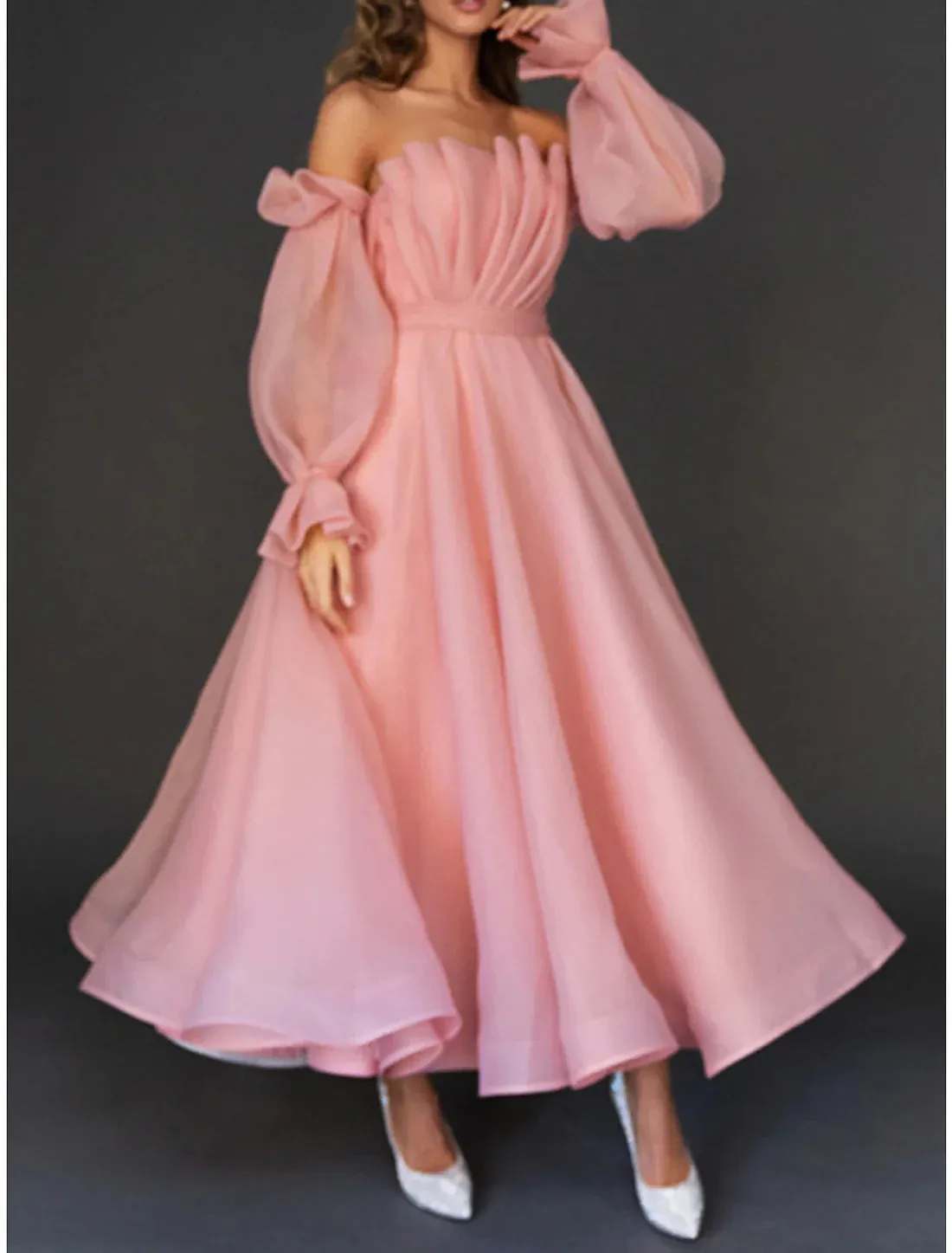 Luolandi Women's Prom Dress Party Dress Homecoming Dress Long Dress Maxi Dress Pink Long Sleeve Pure Color Ruched Fall Winter Autumn Strapless Fashion Wedding Guest Birthday Evening
