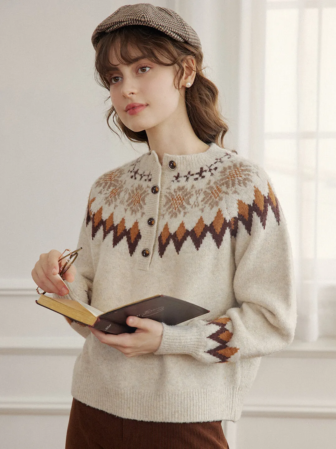 Natalia Snowflake Jacquard Hazelnut Fair Isle Knit Sweater