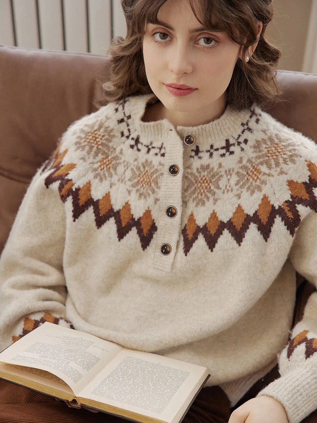 Natalia Snowflake Jacquard Hazelnut Fair Isle Knit Sweater