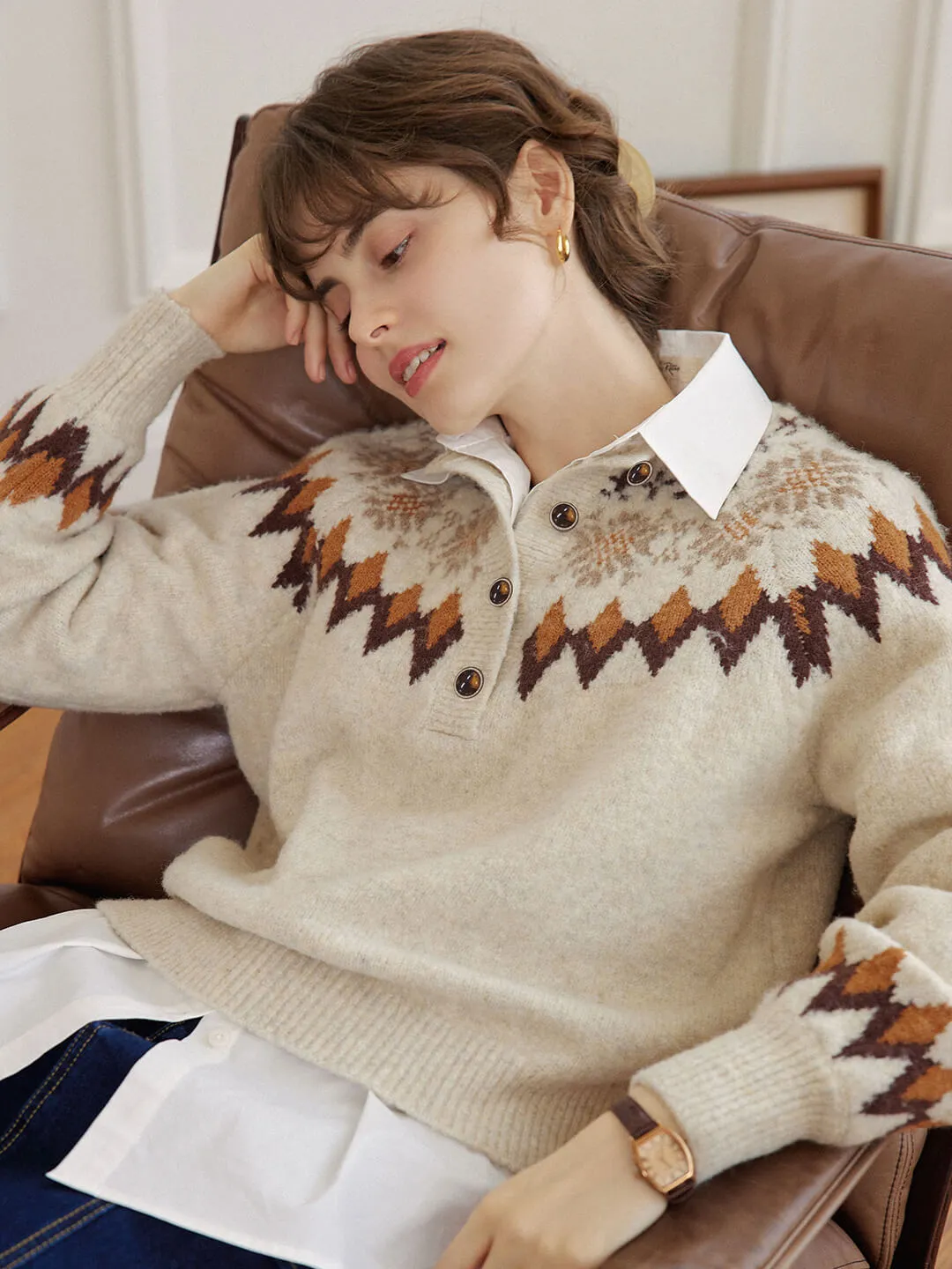 Natalia Snowflake Jacquard Hazelnut Fair Isle Knit Sweater