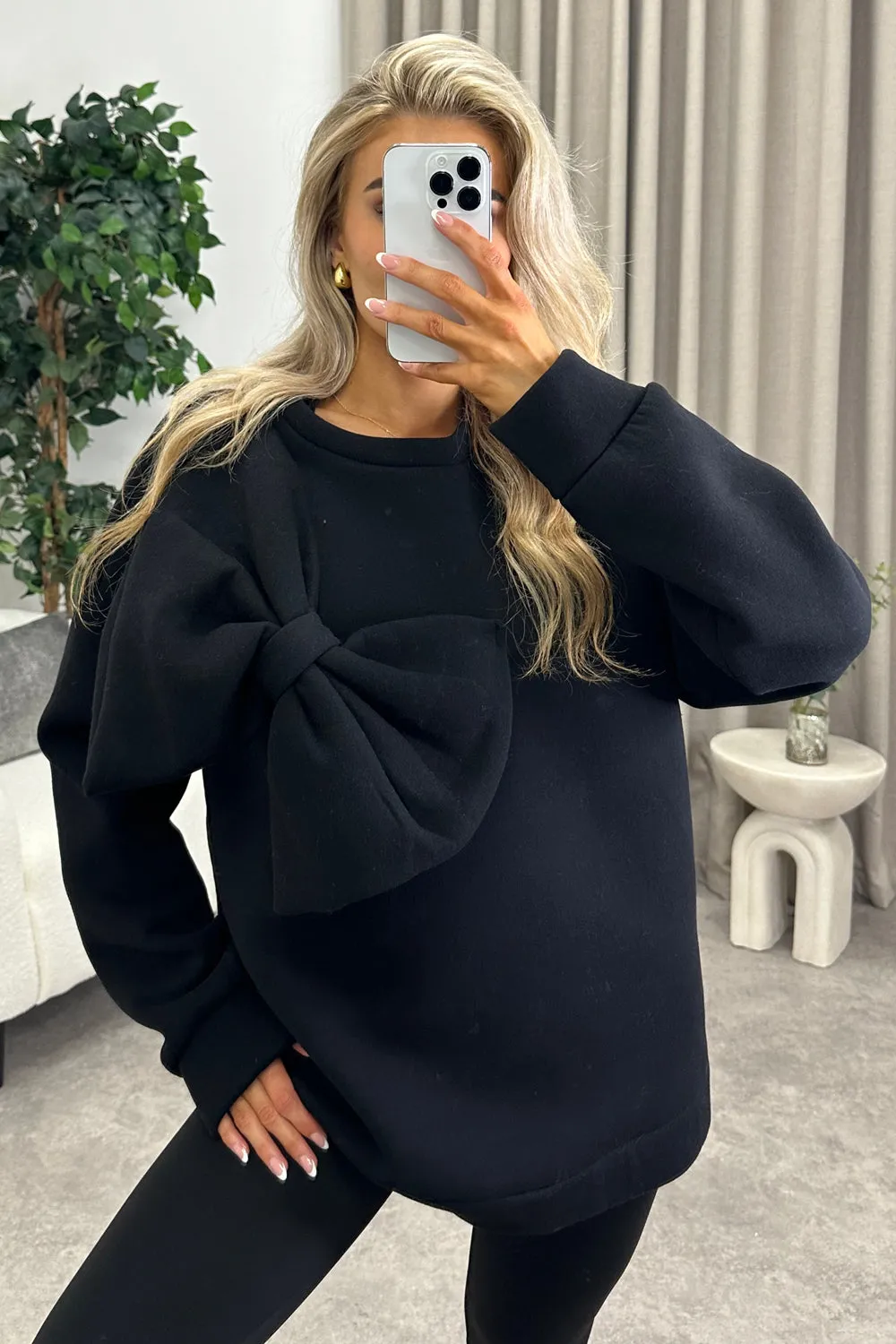 Poppie Black Oversized Bow Sweatshirt Jumper