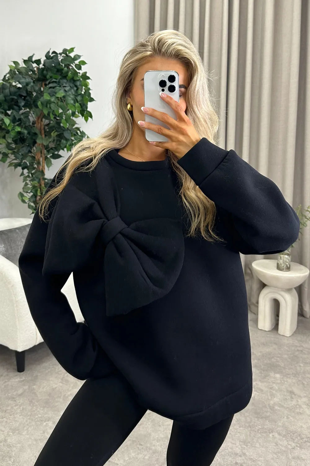 Poppie Black Oversized Bow Sweatshirt Jumper