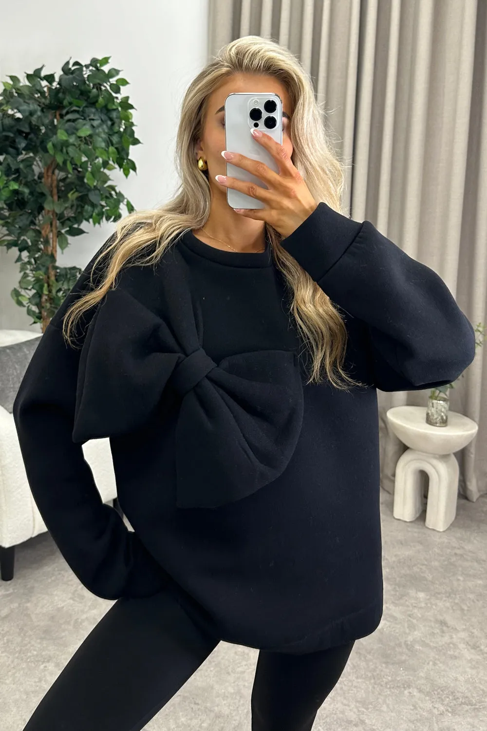 Poppie Black Oversized Bow Sweatshirt Jumper