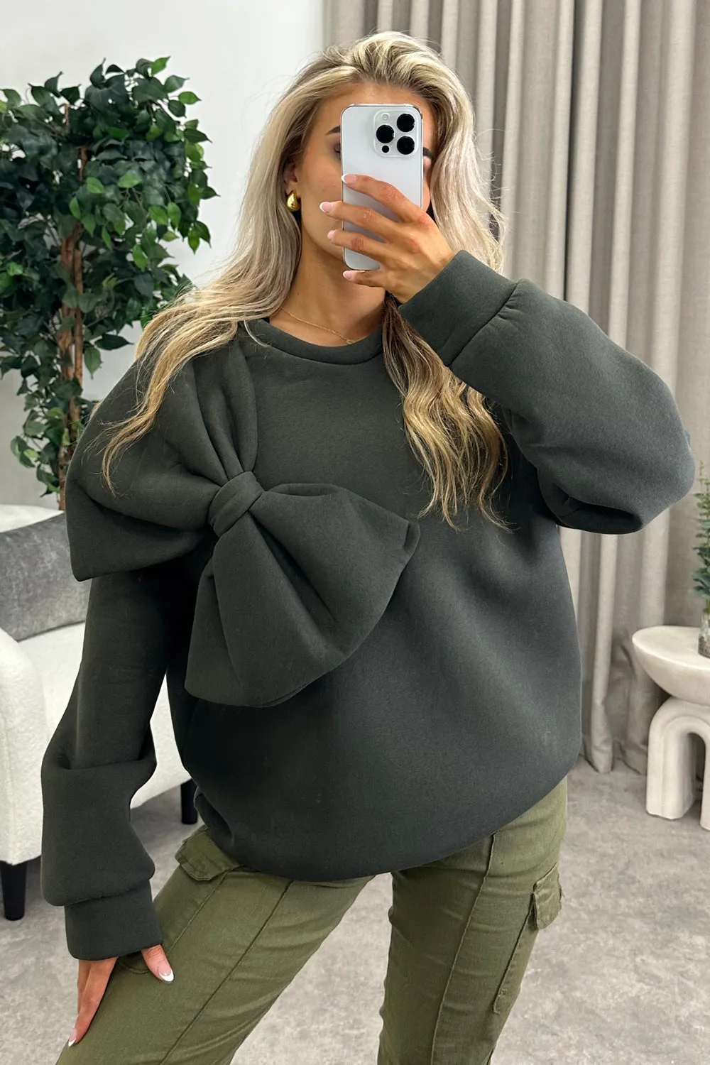 Poppie Khaki Oversized Bow Sweatshirt Jumper