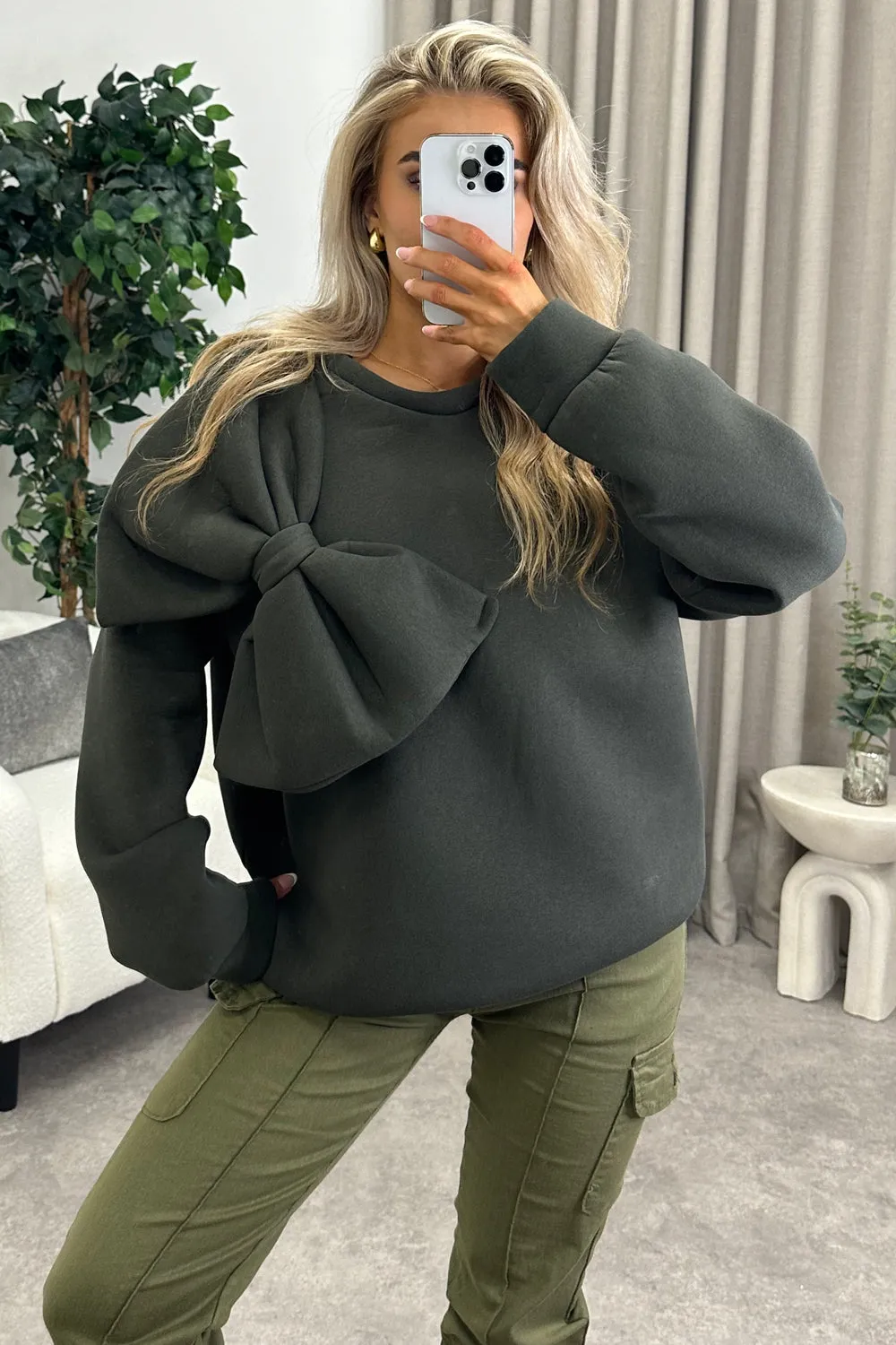 Poppie Khaki Oversized Bow Sweatshirt Jumper