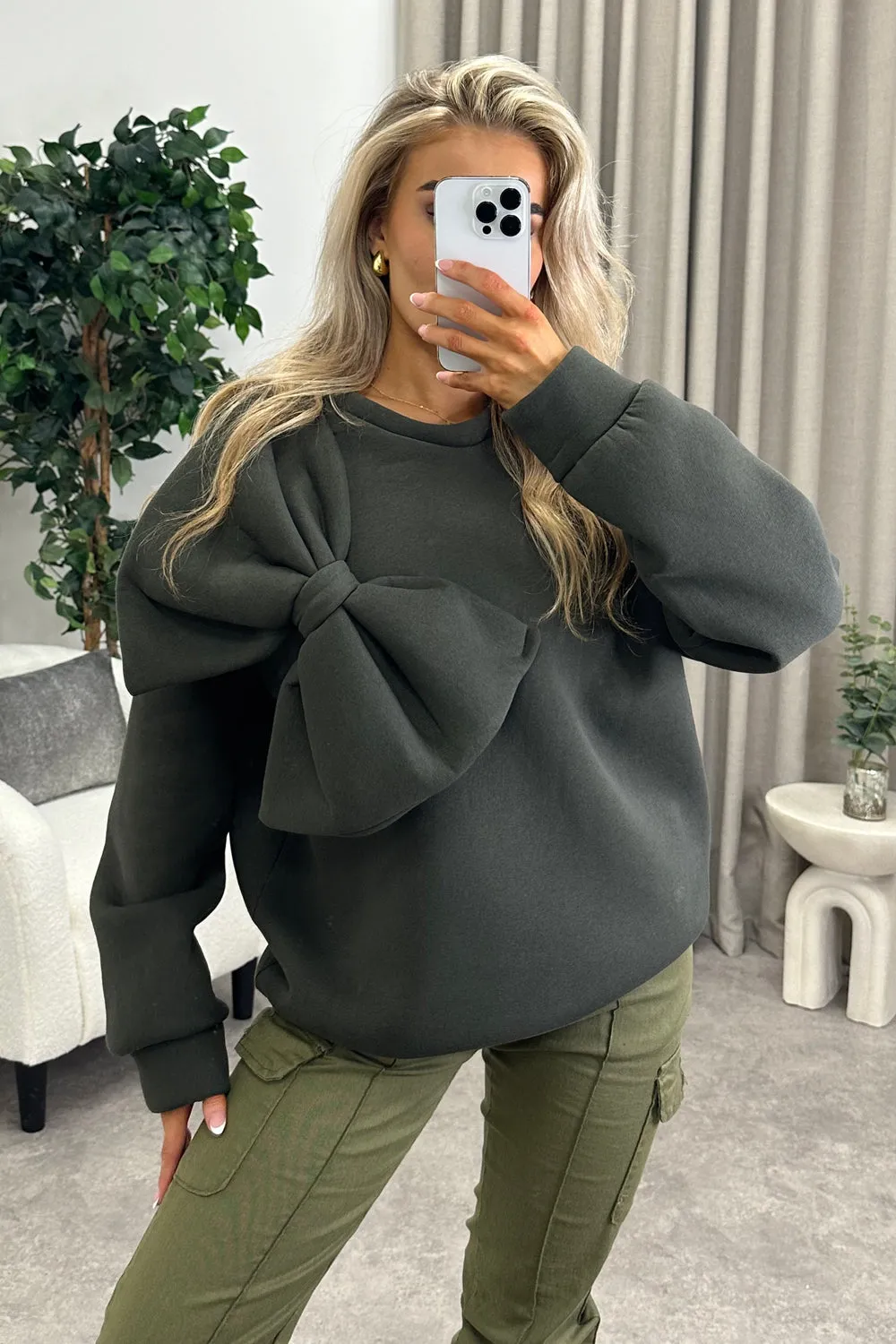 Poppie Khaki Oversized Bow Sweatshirt Jumper