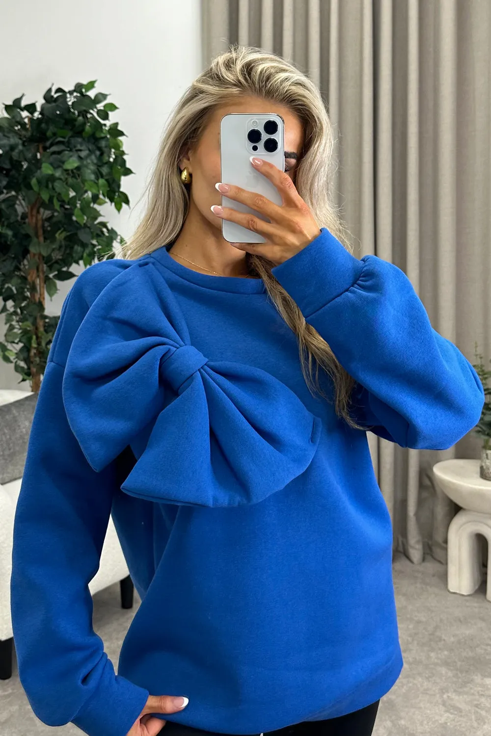 Poppie Royal Blue Oversized Bow Sweatshirt Jumper