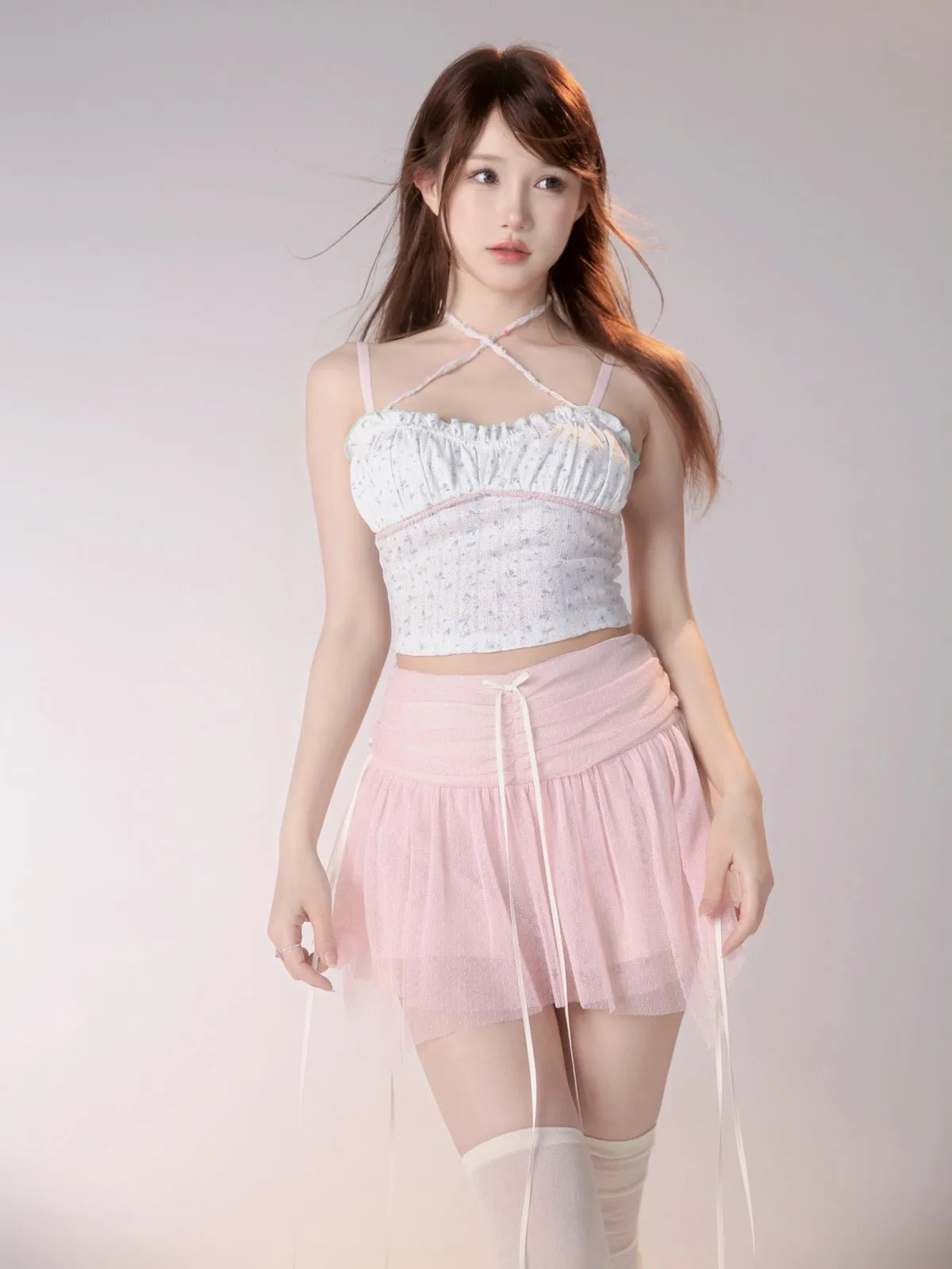 [Rose Island]Enchanting Mini Rose Beaded Halter Crop Top