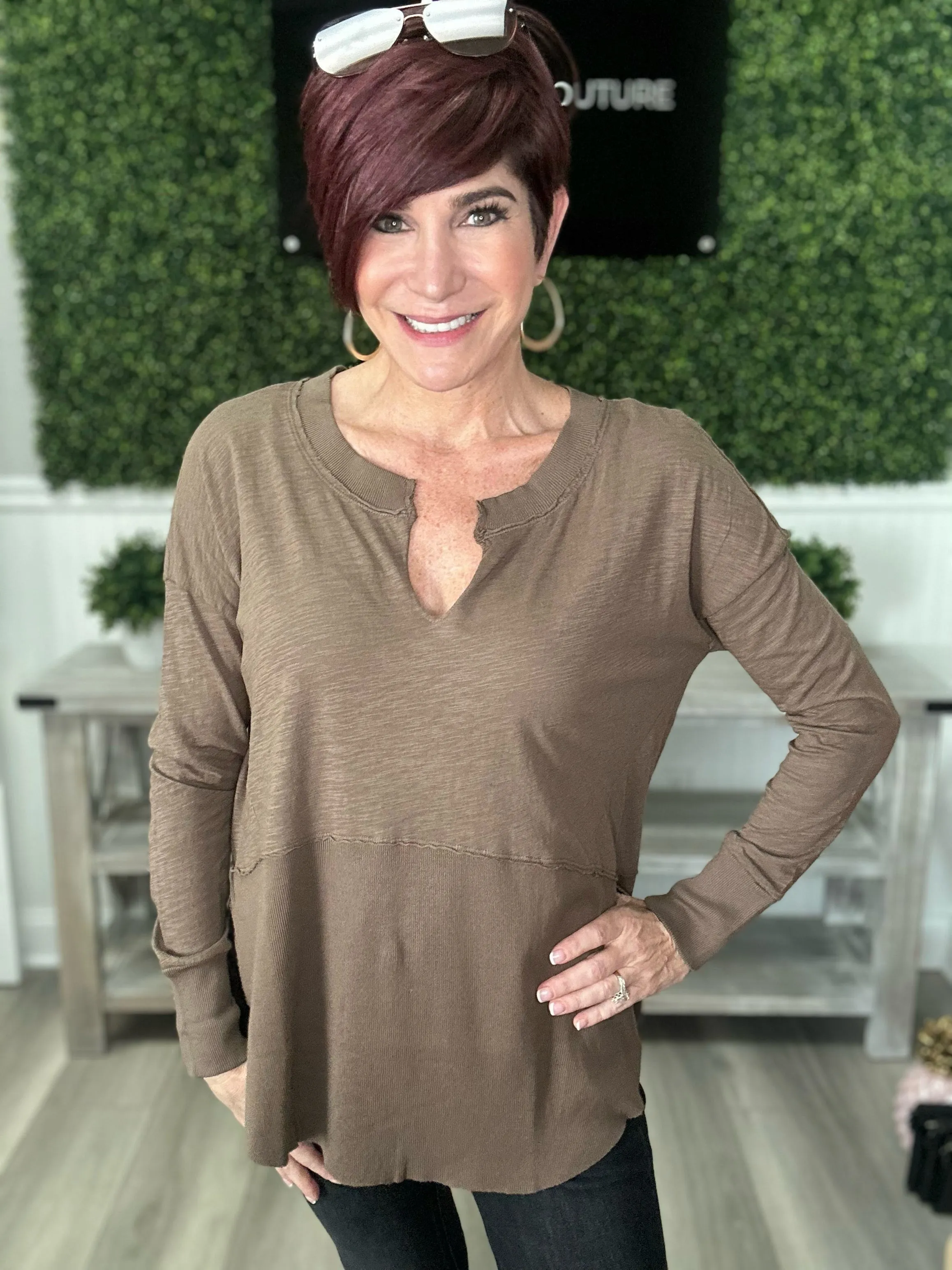 Split Neck Rib Mix LS Tee