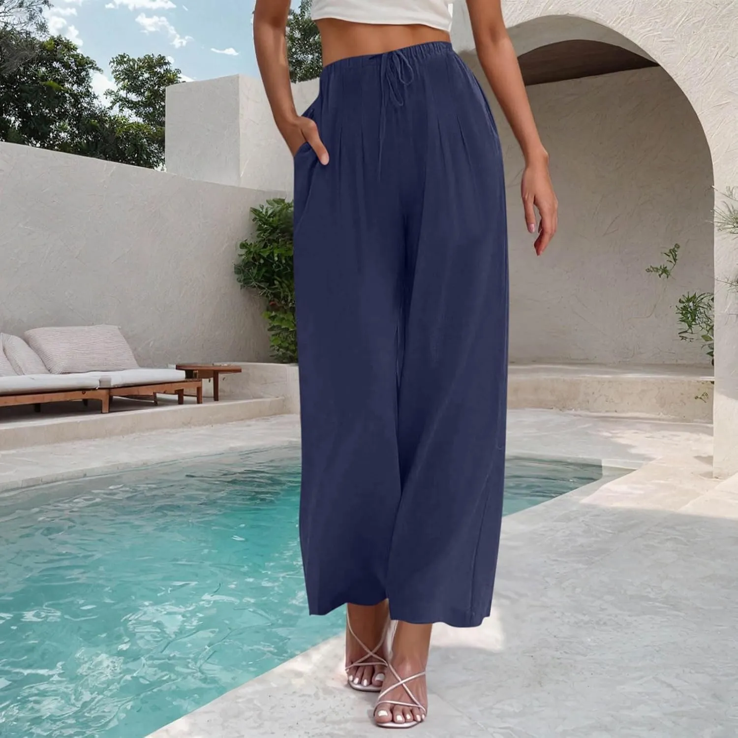 Wide Leg Pants for Woman Palazzo Trousers High Waisted Drawstring Summer Casual Business Work Beach Vacation Pants