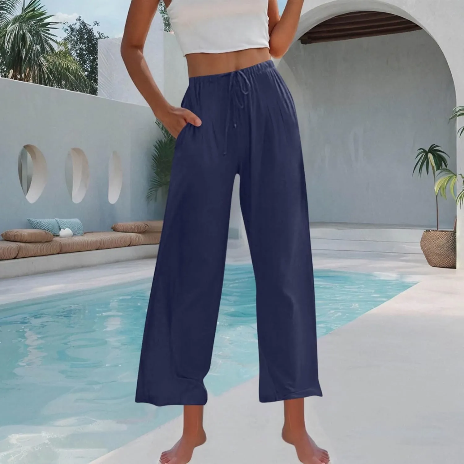 Wide Leg Pants for Woman Palazzo Trousers High Waisted Drawstring Summer Casual Business Work Beach Vacation Pants